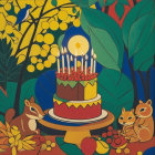 Celebratory Cake Surrounded by Nature and Wildlife