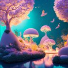 Whimsical Landscape with Vibrant Trees and Village
