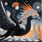 Figure with Spiky Orange Hair Riding a Griffin