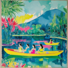 Tropical Kayaking Scene with Women in Colorful Kayaks