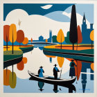 Stylized Illustration of People in a Boat on a River