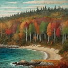 Coastal Scene with Evergreen and Deciduous Trees