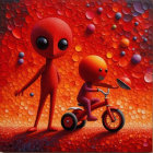 Stylized Figures in Vibrant Red and Orange Environment