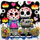 Skeletal Figures with Hearts Amidst Whimsical Decor