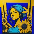 Stylized portrait of a young woman with sunflowers