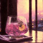 Vibrant Purple Flowers in Glass with Yellow Leaf