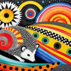Stylized hedgehog in colorful abstract landscape art