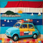 Vibrant Quilt Design with Blue Car and Seascape