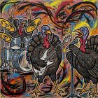 Anthropomorphic turkeys performing in a vibrant band