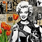 Stylized Black-and-White Portrait with Cats and Tulips