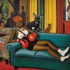 Confident Woman in Boxing Gloves on Teal Couch