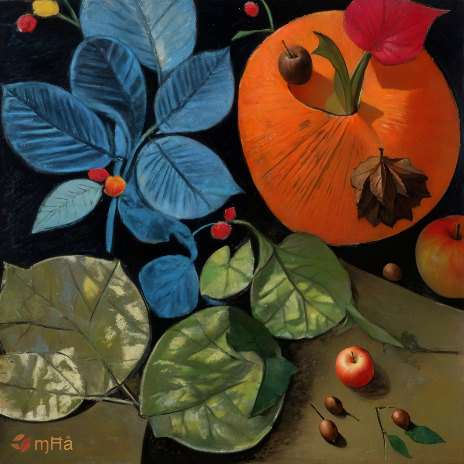 Vibrant Foliage and Fruits Composition with Textures