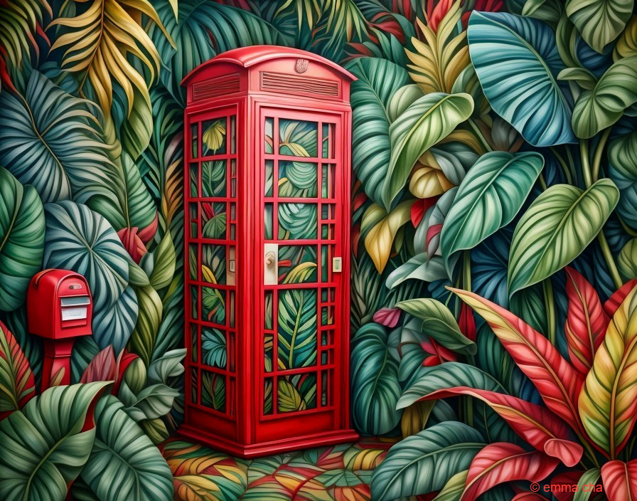 Red Telephone Booth Surrounded by Tropical Foliage