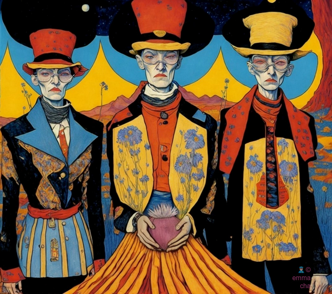 Stylized Figures in Colorful Attire Against Vivid Landscape