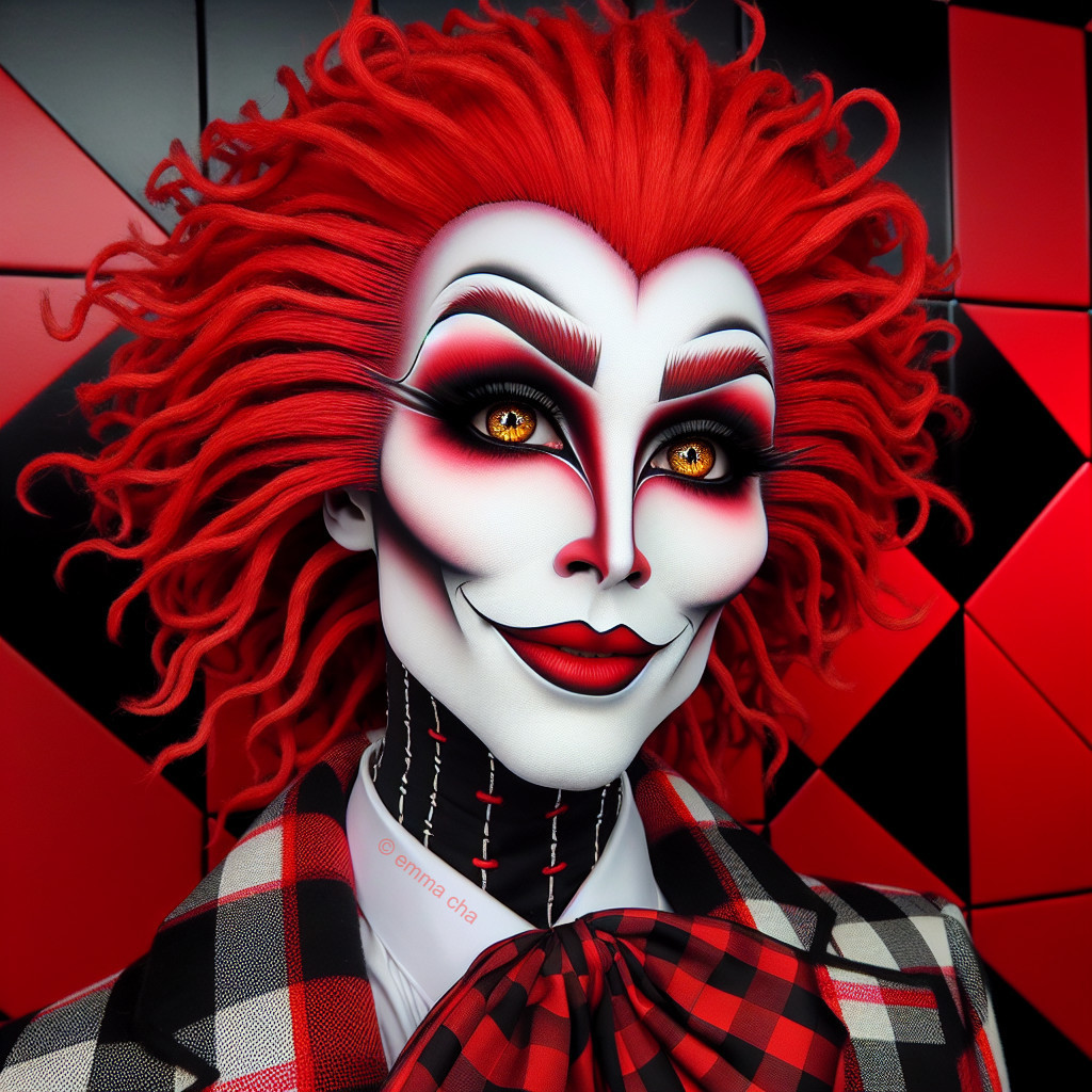 Theatrical Character with Red Hair and Bold Makeup