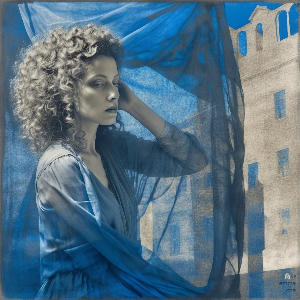 Woman with Curls Behind Sheer Blue Veil in Historic Setting