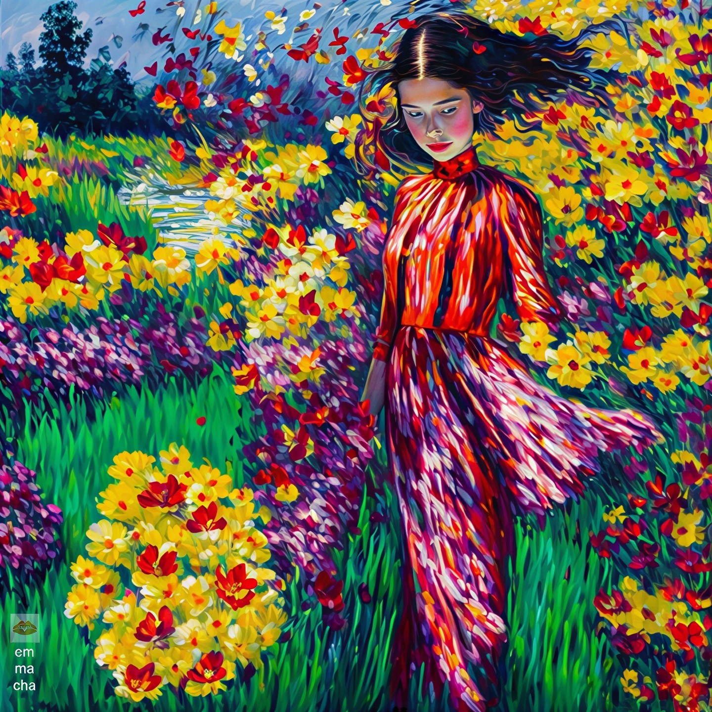 Young Woman in Colorful Flower Landscape