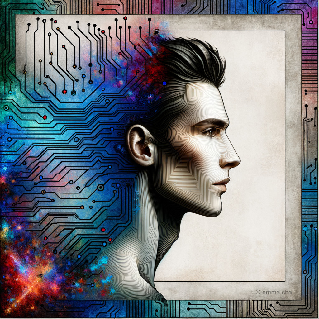 Stylized Human Head with Circuitry and Cosmic Colors