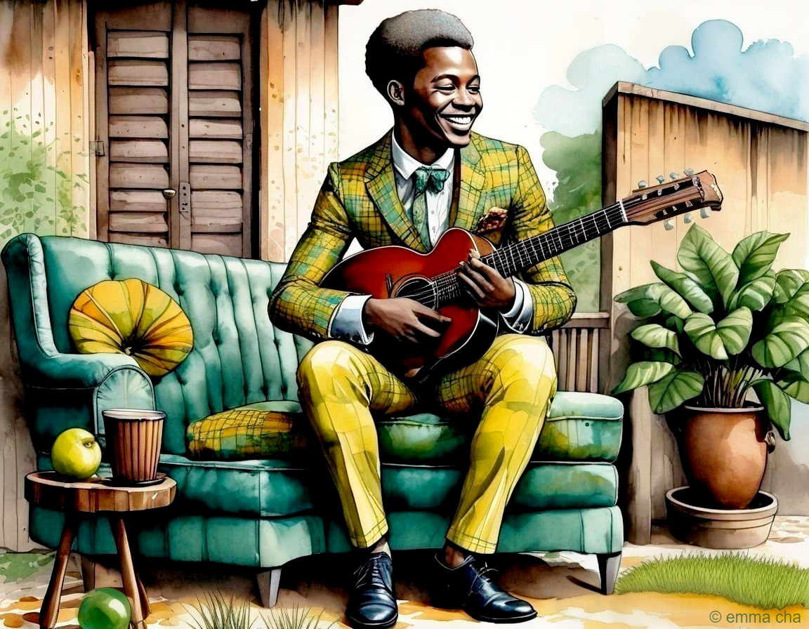 Cheerful man in plaid suit strumming guitar on couch