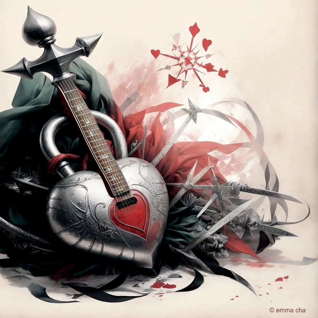 Heart-Shaped Lock and Guitar with Decorative Fabrics