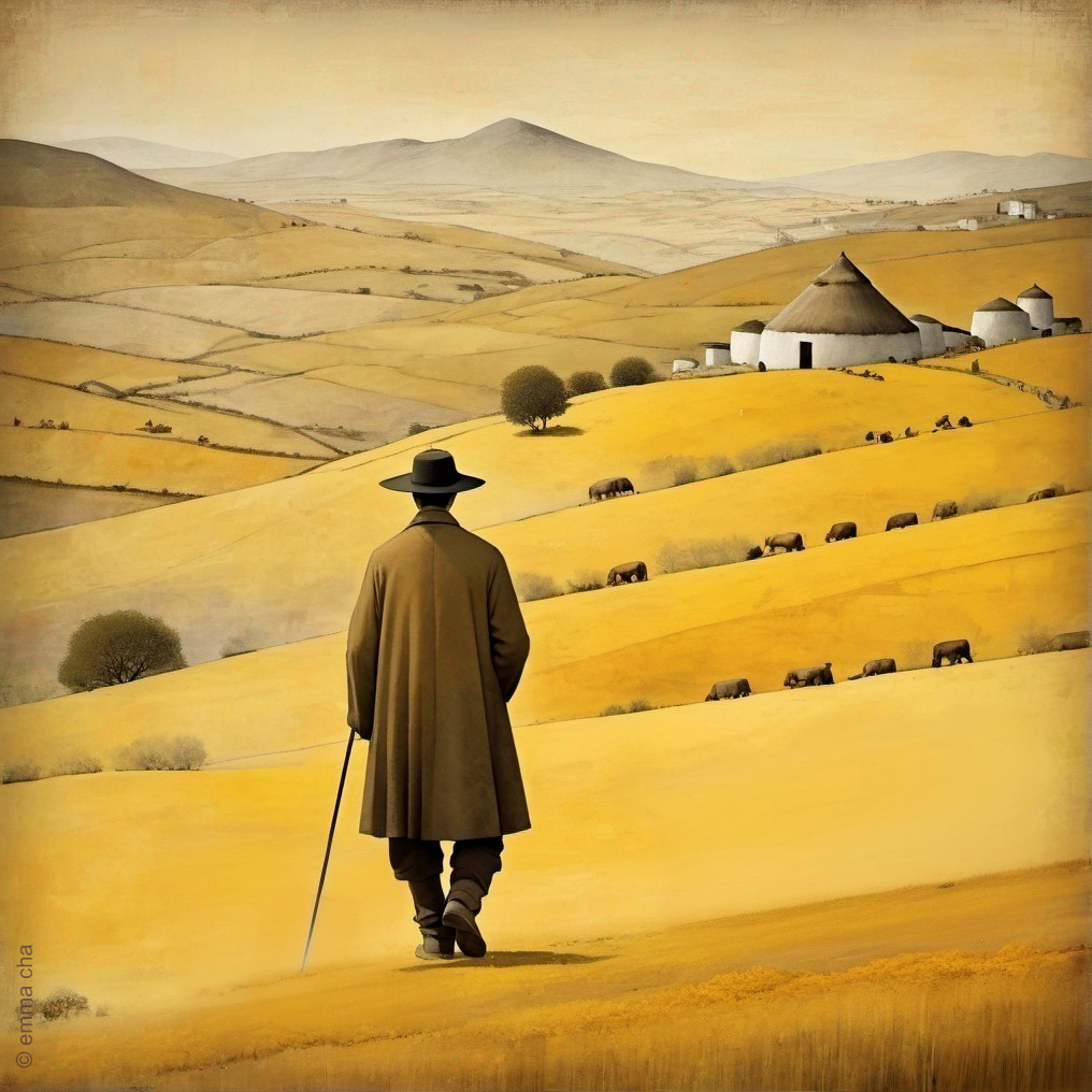 Solitary Figure on Golden Hillside Overlooking Landscape