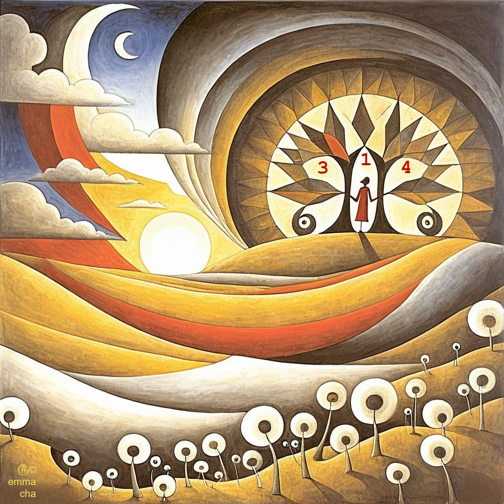 Stylized Tree with Numbers in Serene Landscape Scene