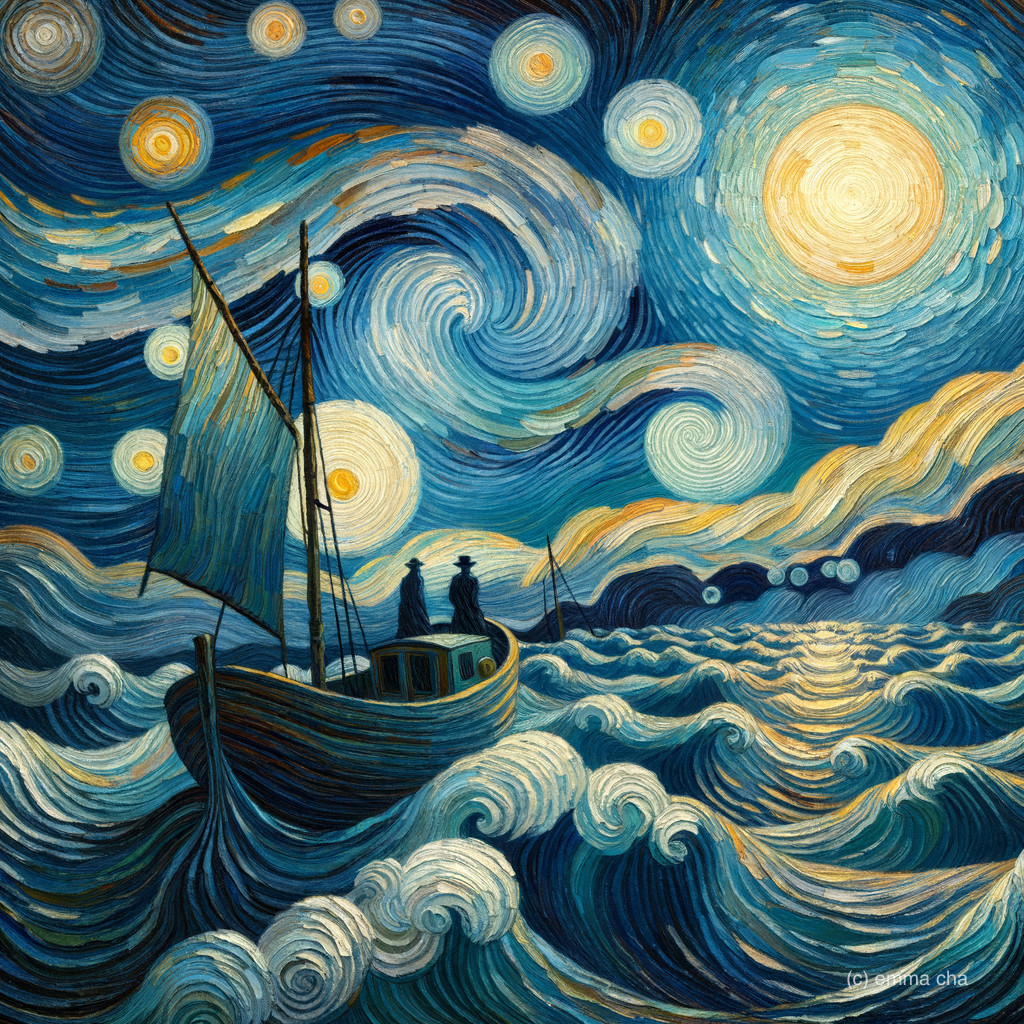 Swirling Night Sky with Moon and Silhouetted Boat