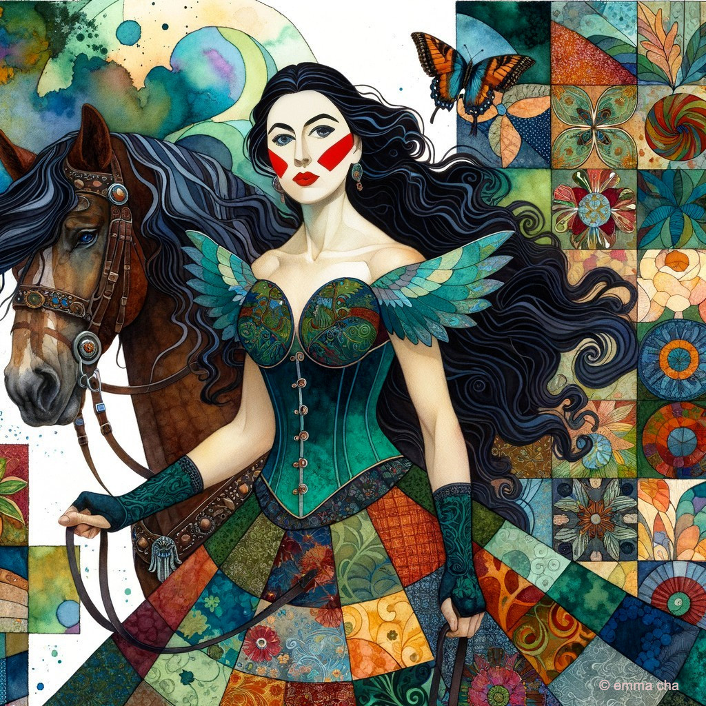 Woman with Black Hair and Teal Corset Beside Horse