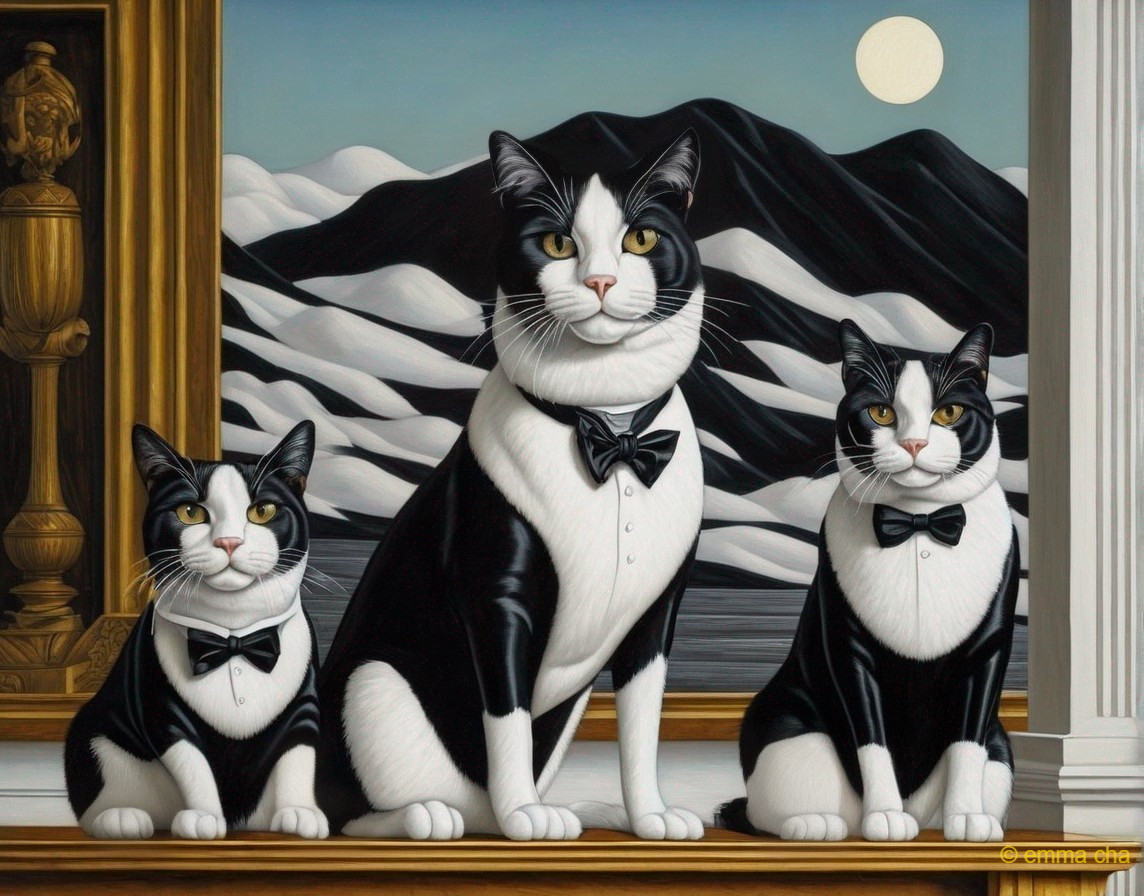 Elegantly Dressed Cats in Dramatic Mountain Scene