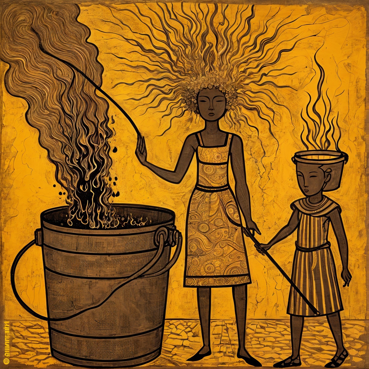 Women Stirring Cauldron Against Yellow Background