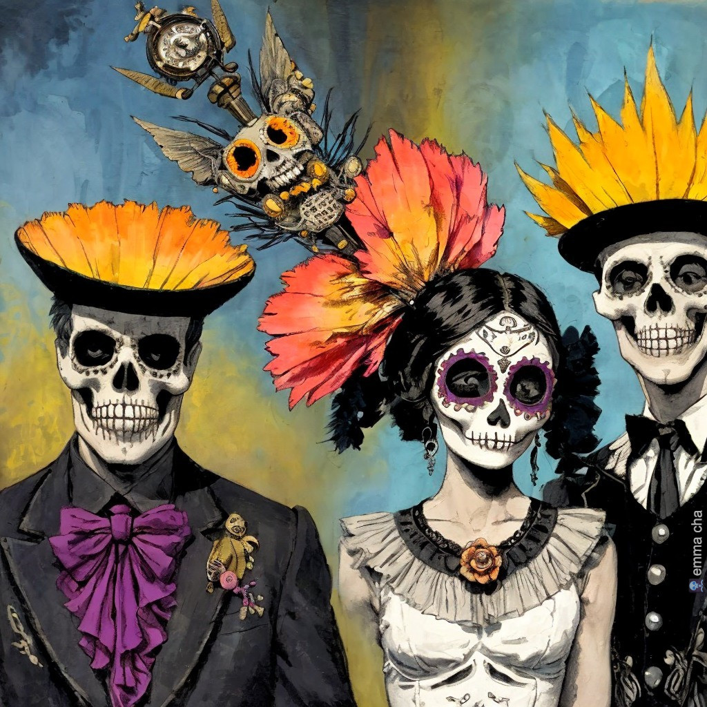 Elegantly Dressed Skeletal Figures in Festive Attire