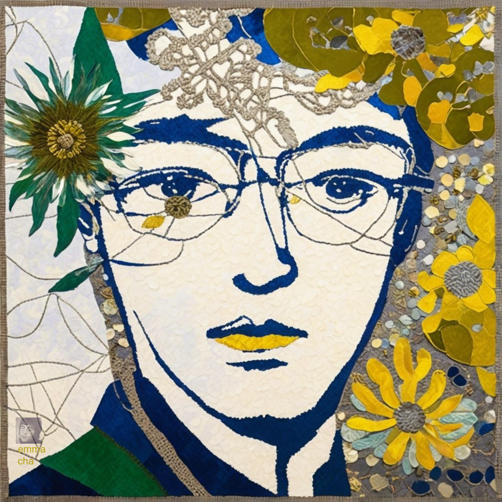 Stylized portrait with fabric pieces and floral elements