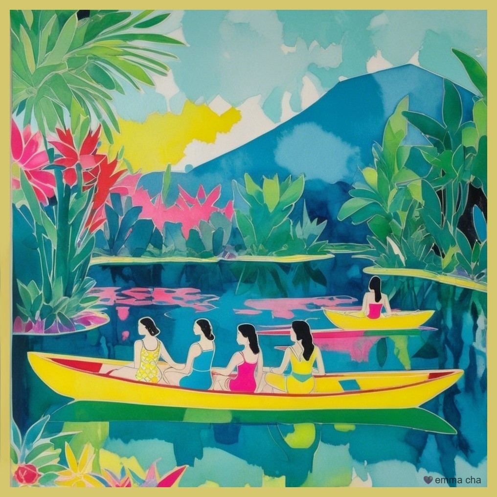 Tropical Kayaking Scene with Women in Colorful Kayaks