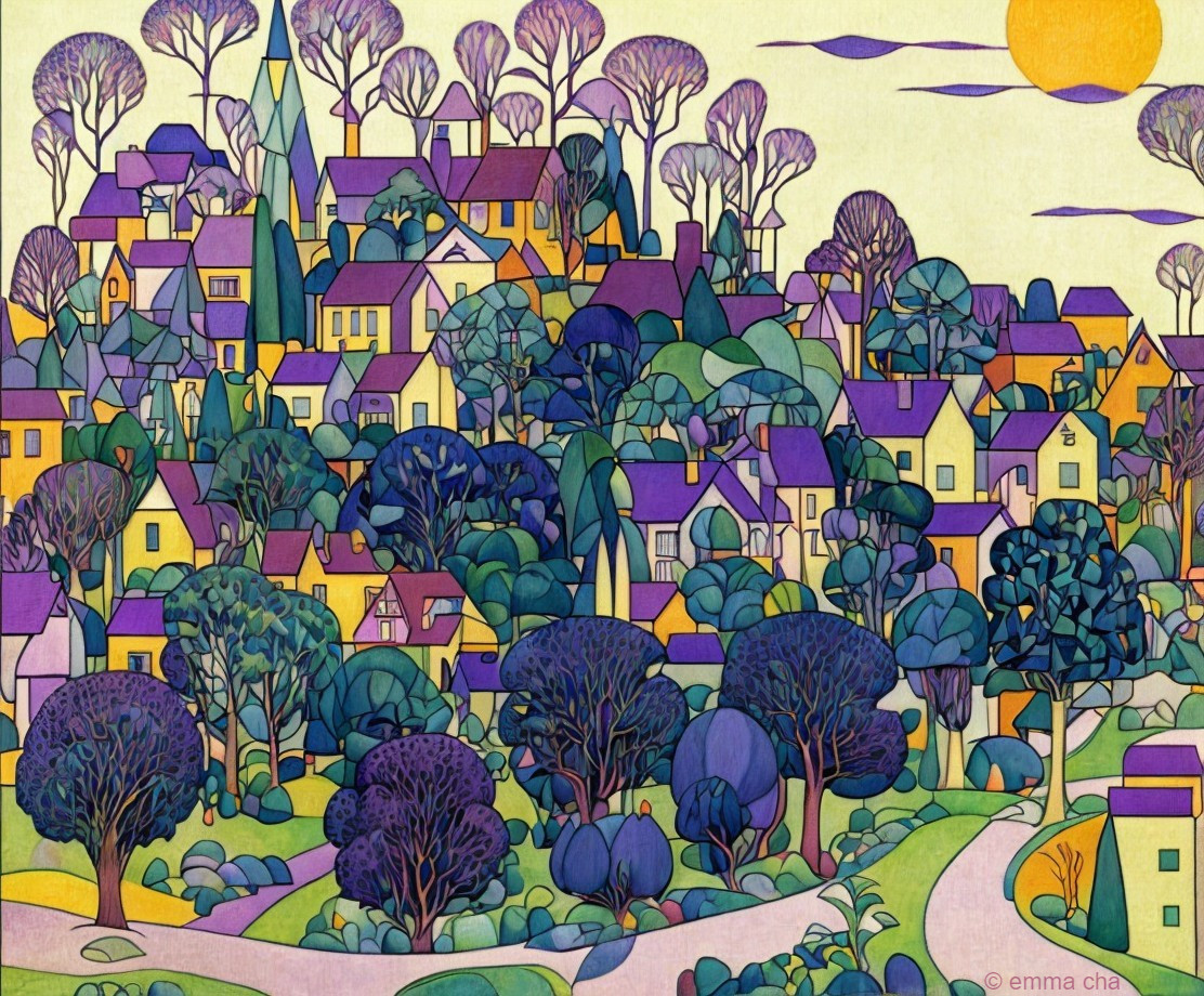 Colorful Village Scene with Vibrant Trees and Sunset