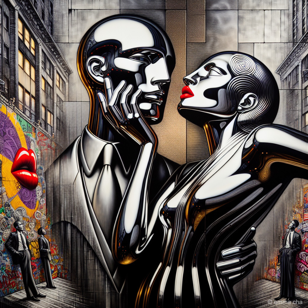 Glossy Metallic Figures Embracing with Urban Backdrop