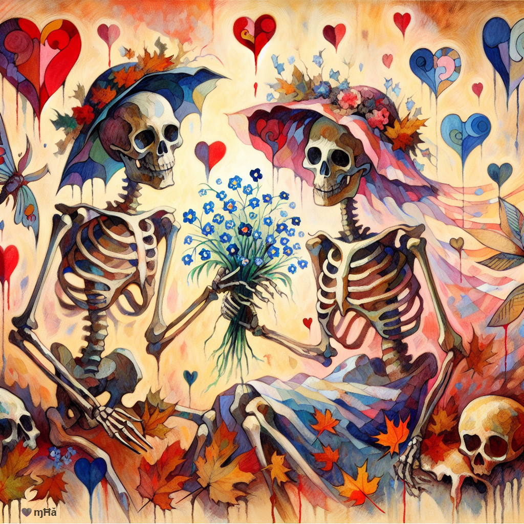 Colorful Painting of Skeletons in Love with Flowers