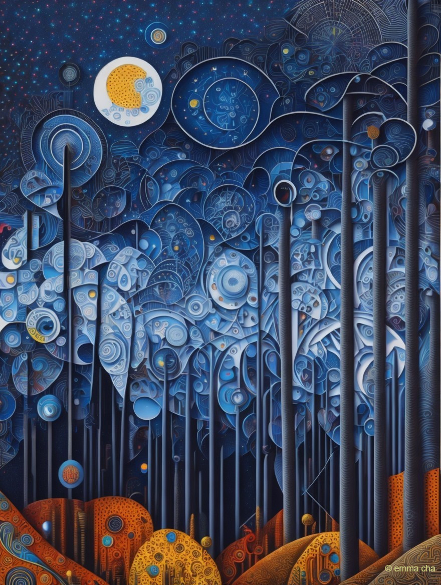Nighttime Forest Scene with Swirling Patterns and Moon