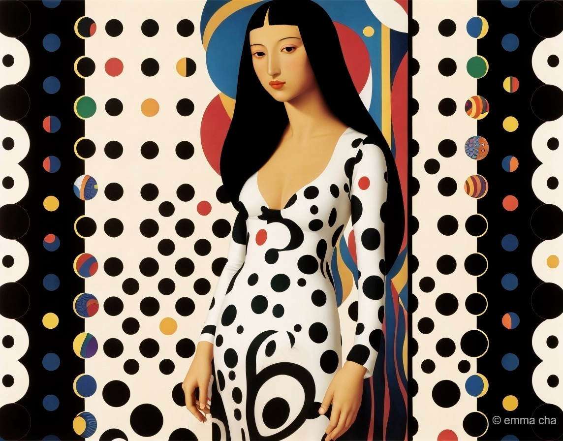Stylized portrait of a woman in polka dot dress