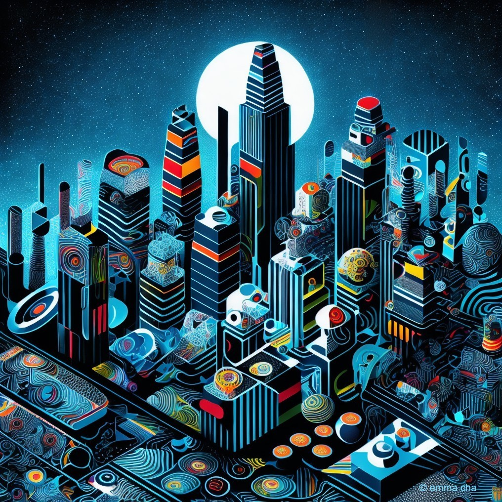 Futuristic Cityscape at Night with Luminescent Moon
