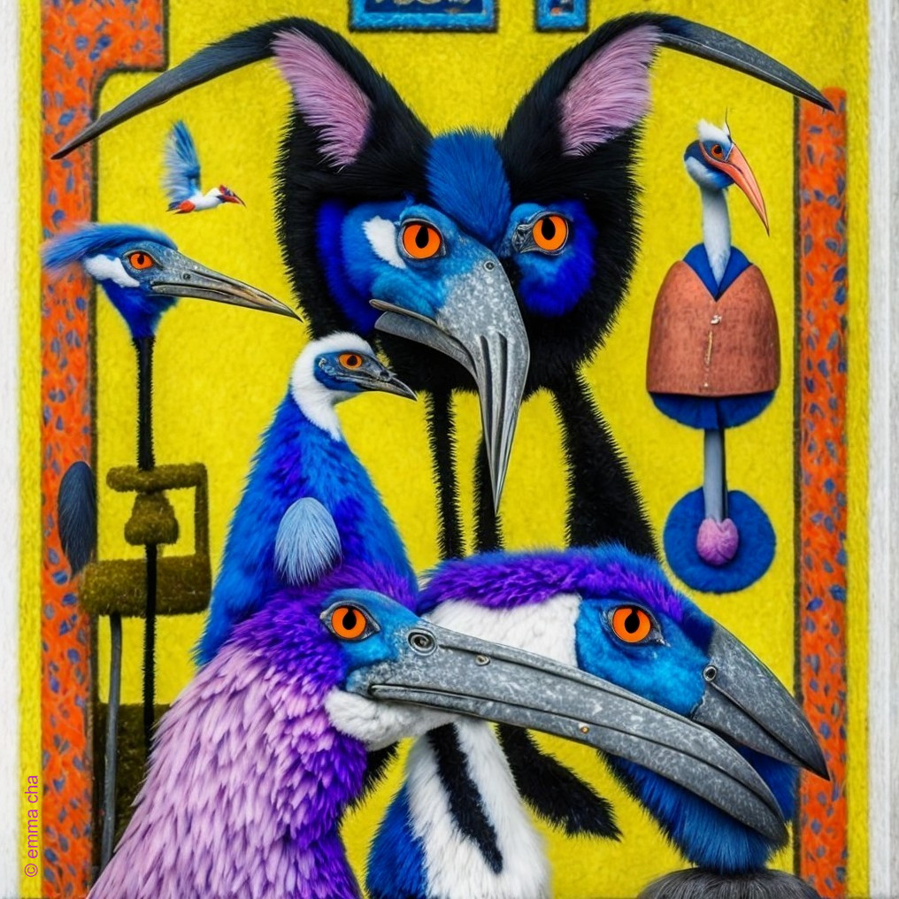 Surreal Image of Colorful Stylized Birds and Creatures