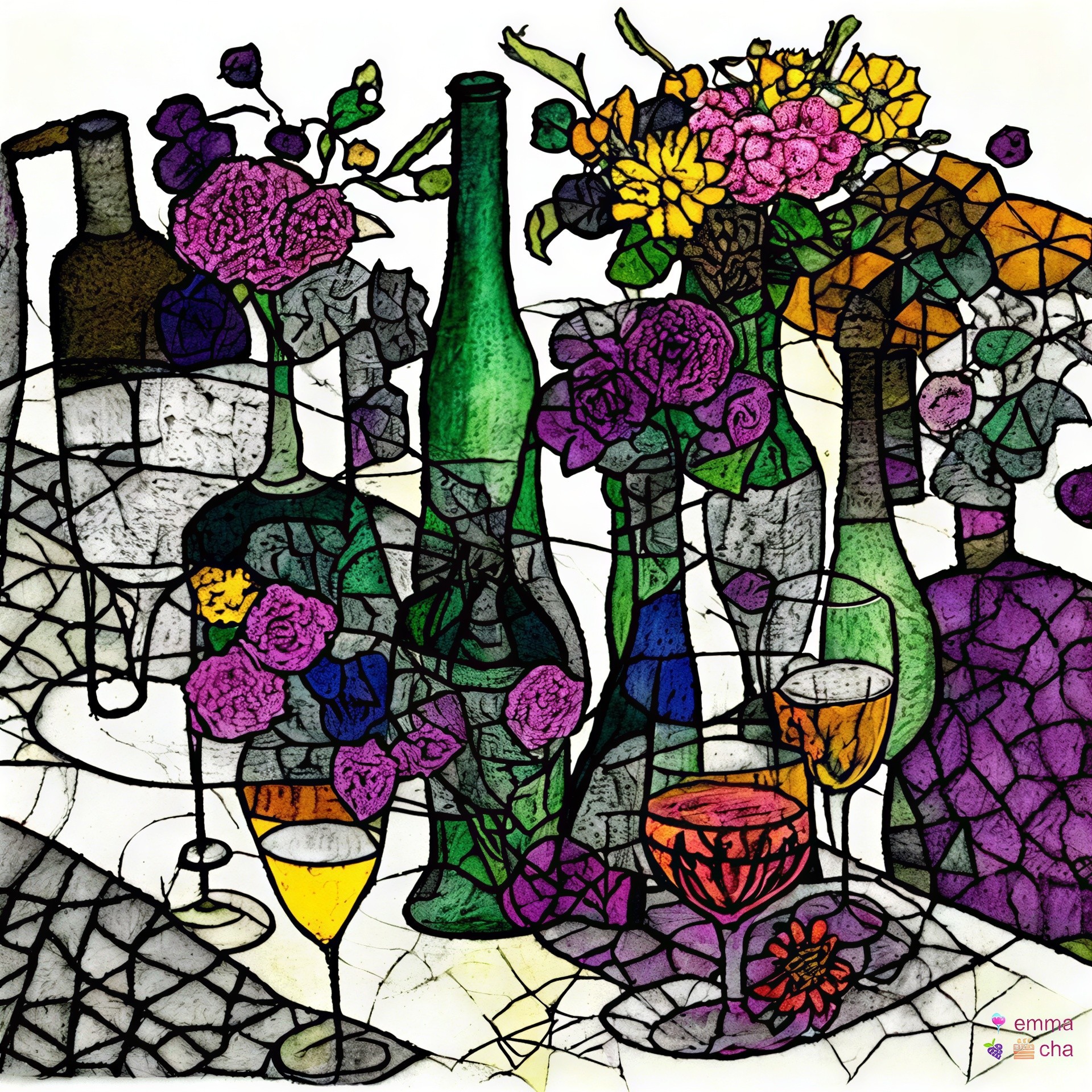 Vibrant Stained-Glass Floral and Wine Composition