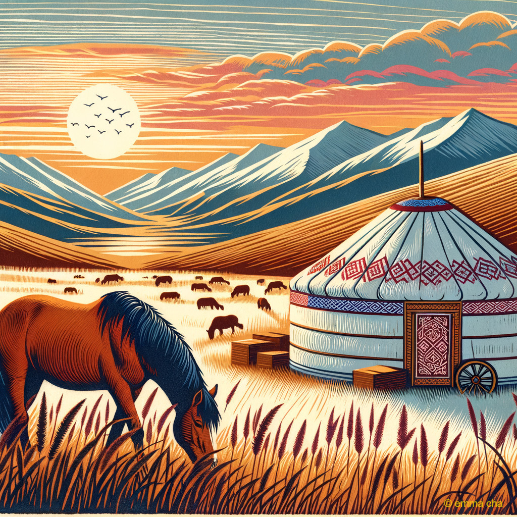Serene Landscape with Yurt and Grazing Cattle
