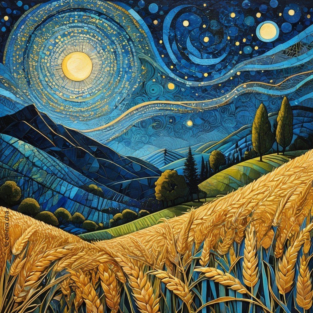 Vibrant Landscape with Blue Skies and Wheat Fields
