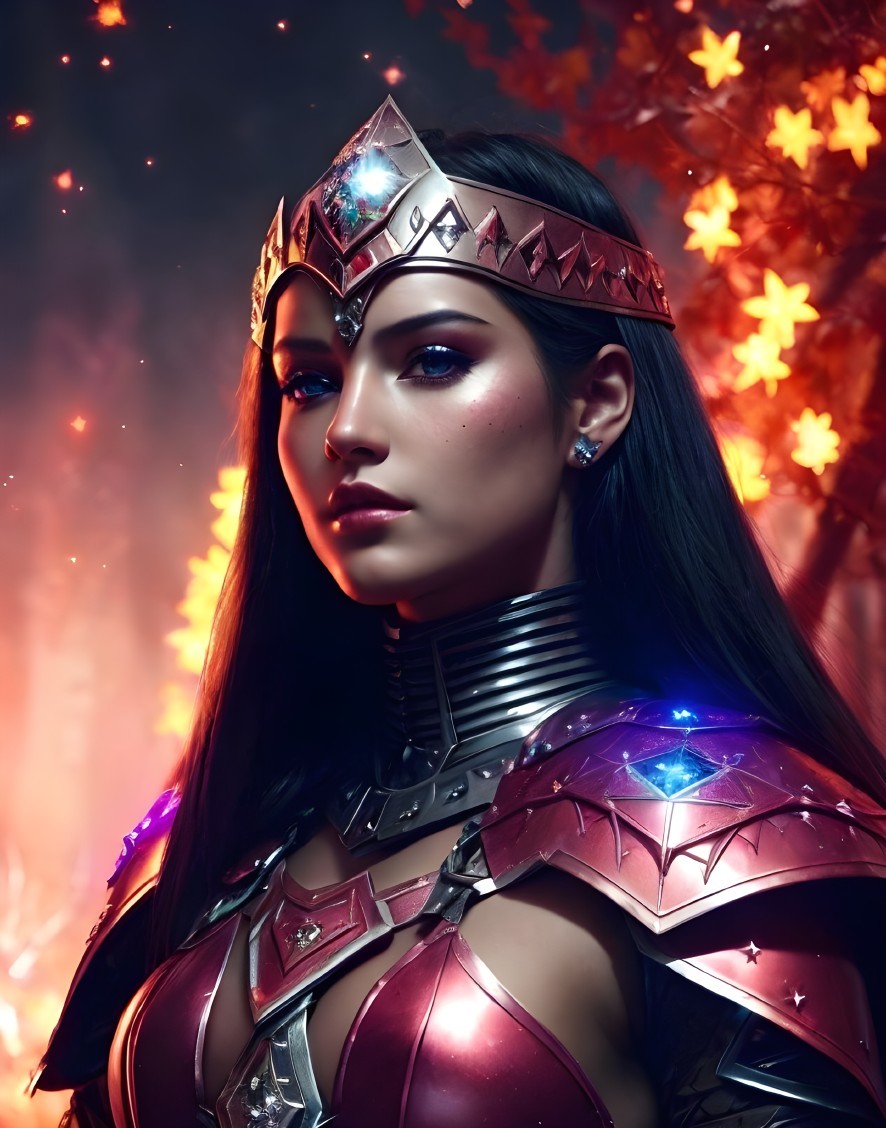 Regal woman in ornate armor and jeweled crown with fiery backdrop