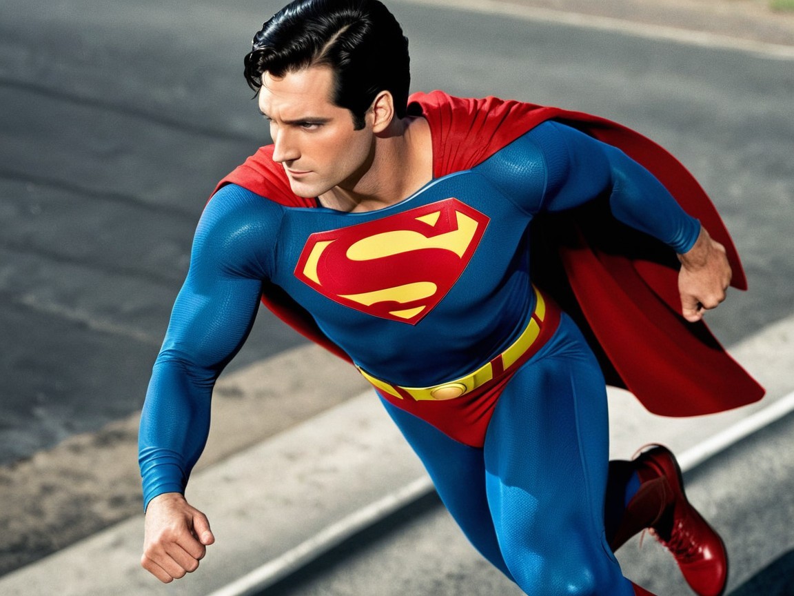 Superhero in Blue Costume Soaring Above City Street