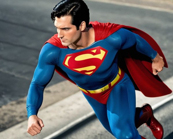 Superhero in Blue Costume Soaring Above City Street