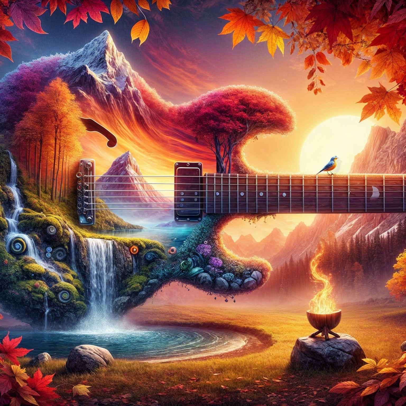 Vibrant Landscape with Guitar and Sunset Elements