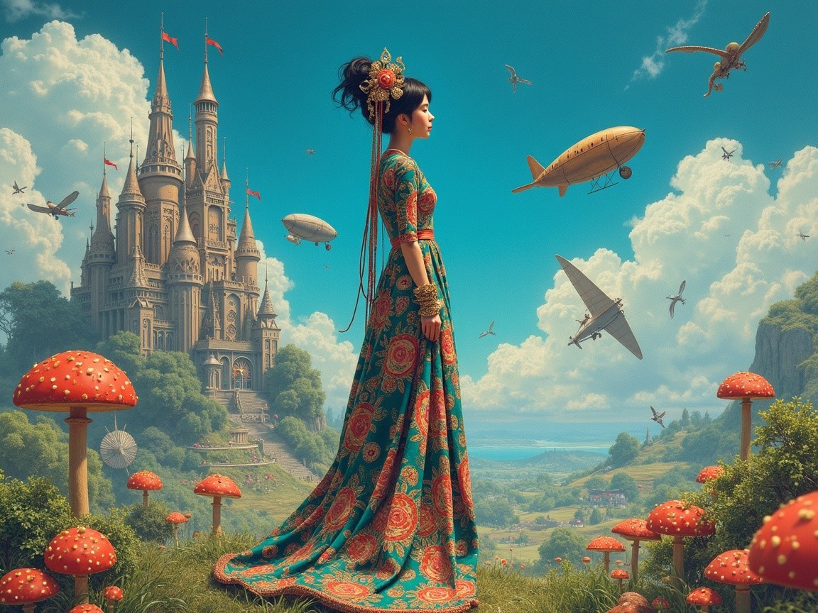 Woman in Floral Gown by Castle with Whimsical Elements