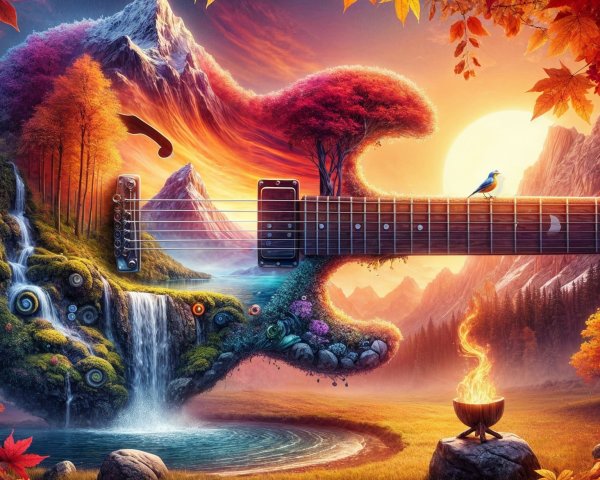 Vibrant Landscape with Guitar and Sunset Elements