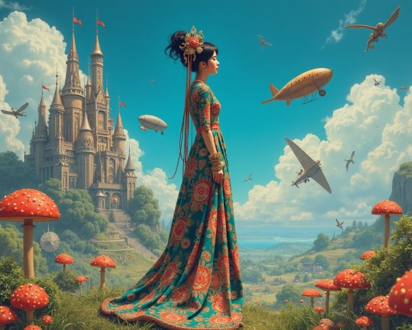 Woman in Floral Gown by Castle with Whimsical Elements